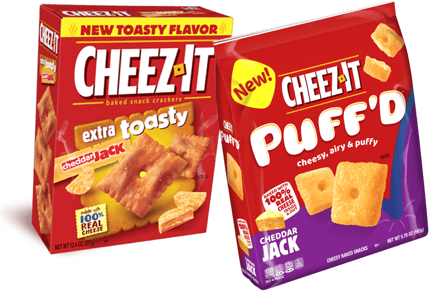 Cheez-it Extra Toasty Cheddar Jack and Puffd Chedar Jack packaging