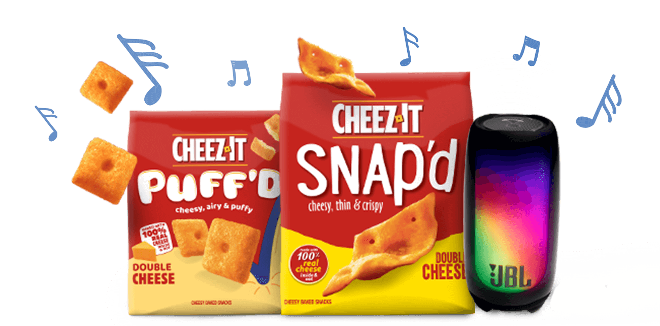 bag of Cheezit puffd and bag of cheezit snapd and a jbl speaker with water in the background and musical notes