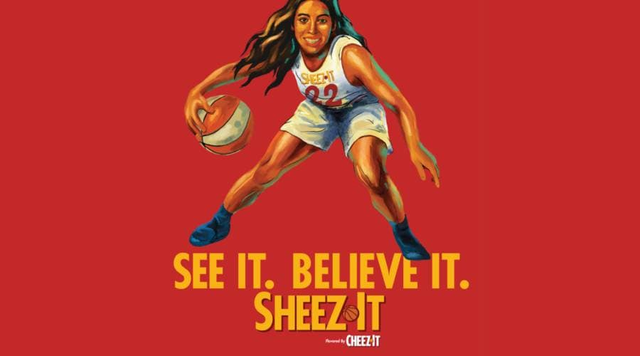 See it. Believe it. Sheez-it. Woman dribbling a basketball