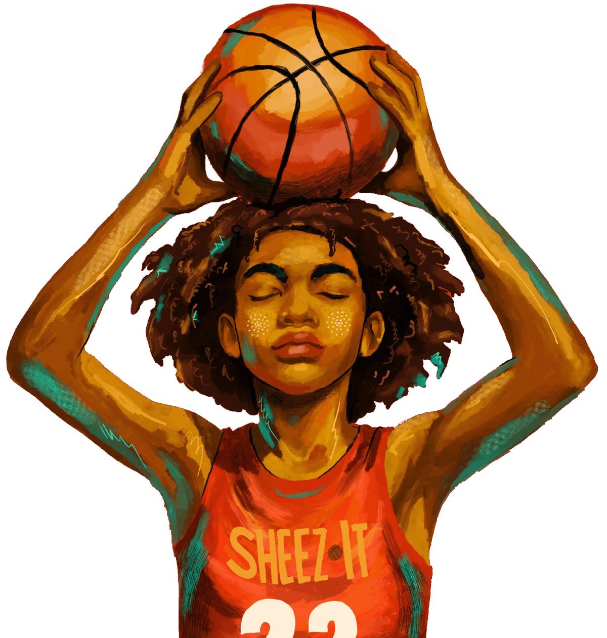 painting of a female basketball player with a sheez it jersey