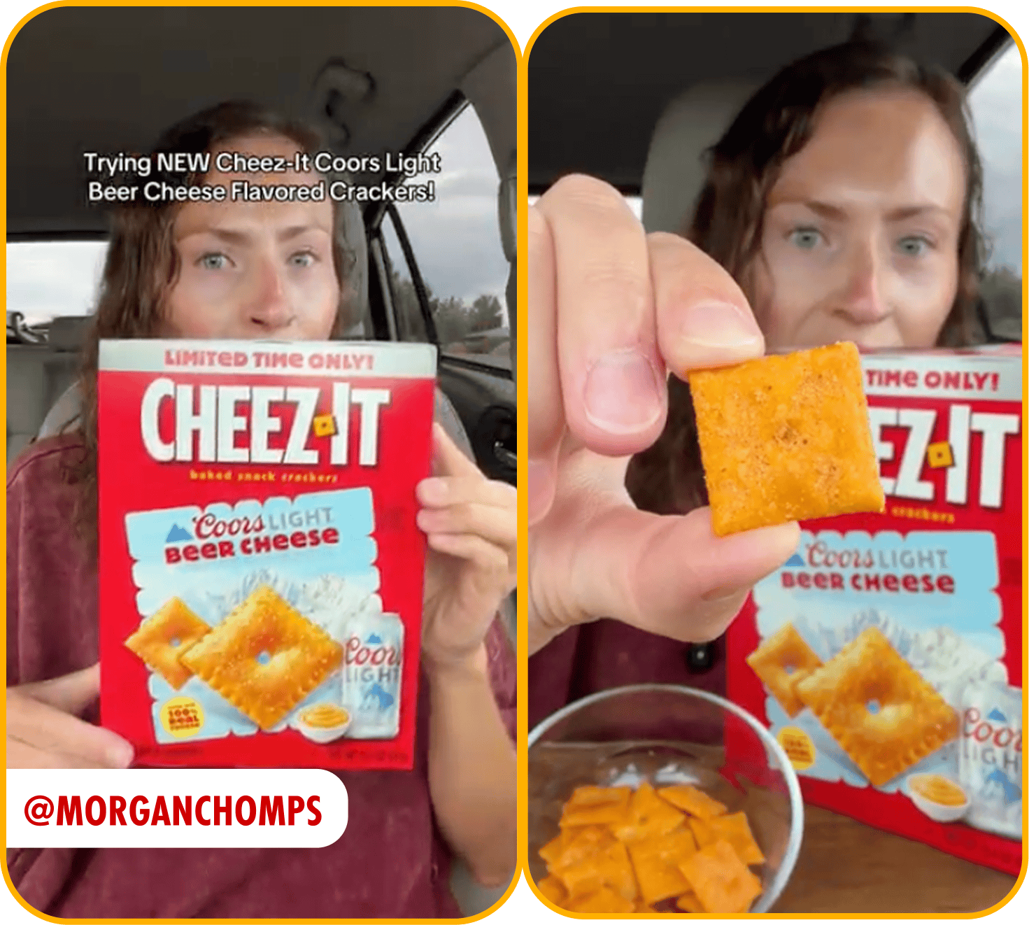 @morganchomps tries the new limited-time Cheez-It Coors Light Beer Cheese crackers, holding up the box and a single cracker.