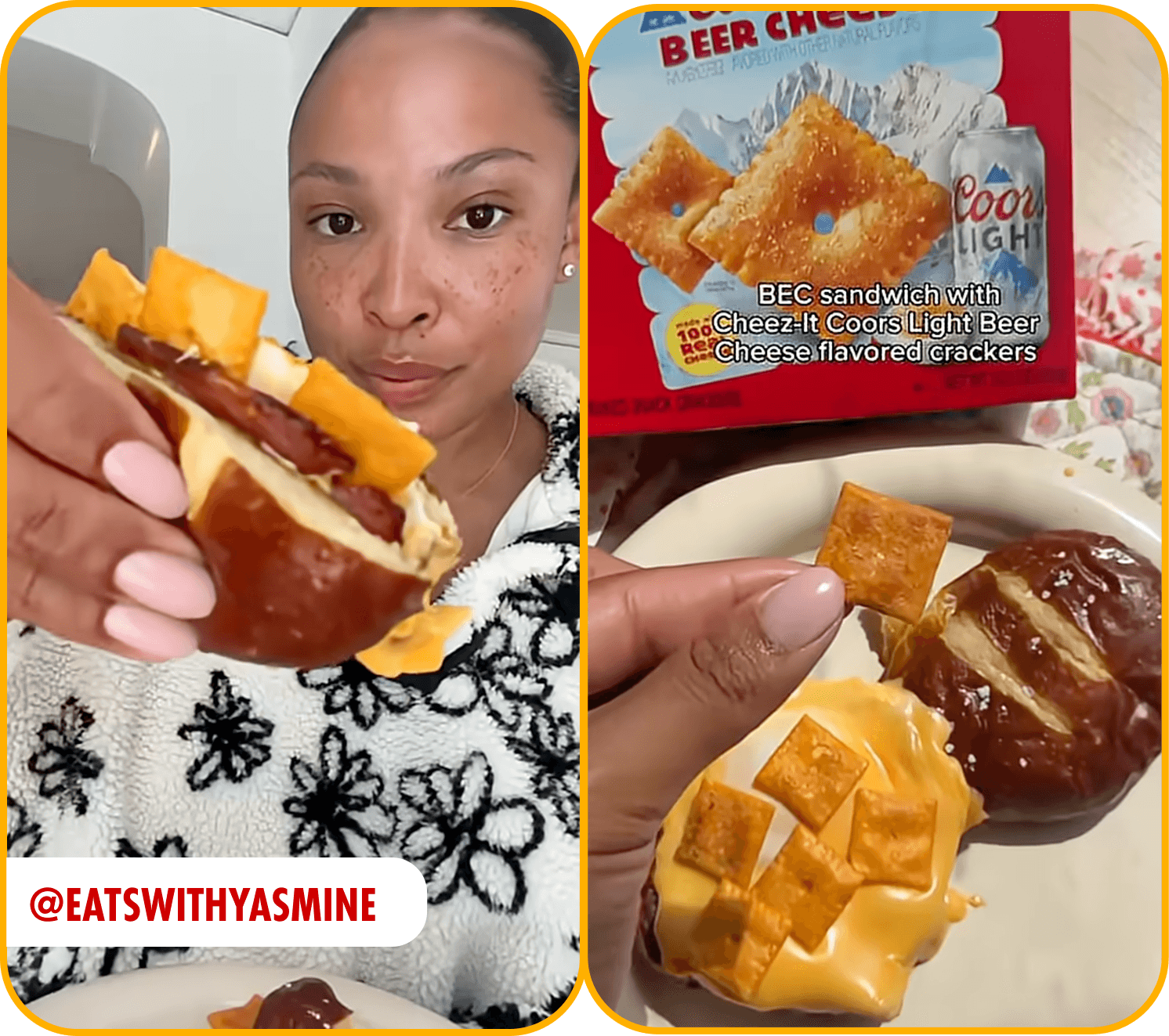@yasminetbd makes a BEC sandwich on a pretzel bun topped with Cheez-It Coors Light Beer Cheese crackers.