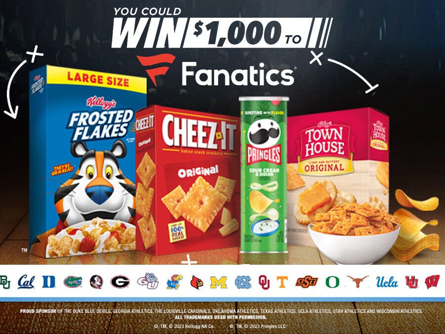 You could win 1000 bucks to Fanatics headline with an image of Frosted Flakes, Cheezit, Pringles and Townhouse products