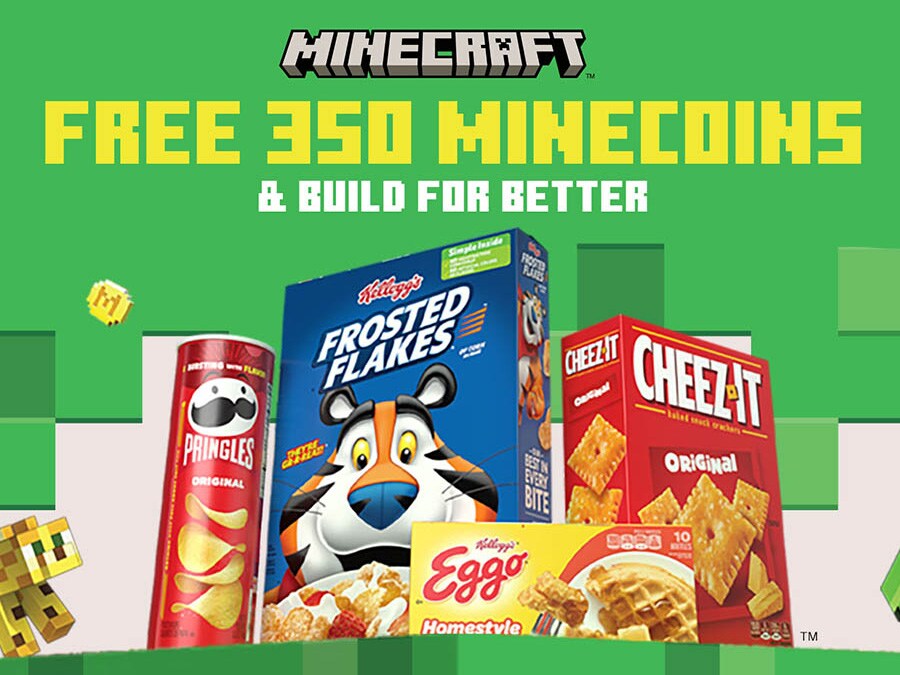 Get 350 Minecoins and Build For Better - Showing Pringles, Frosted Flakes, Cheez-it and Eggo Product boxes with Minecraft imagery