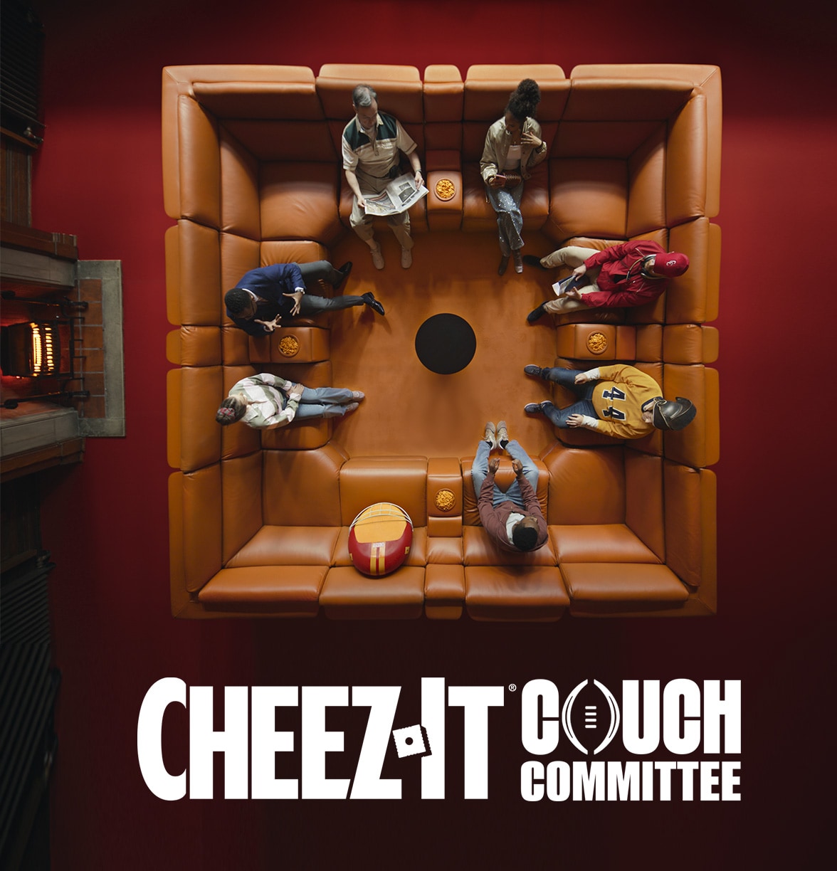 heez-It Couch Committee Promotion image - people sitting on a square couch with the Cheez-It Couch Committee logo below.