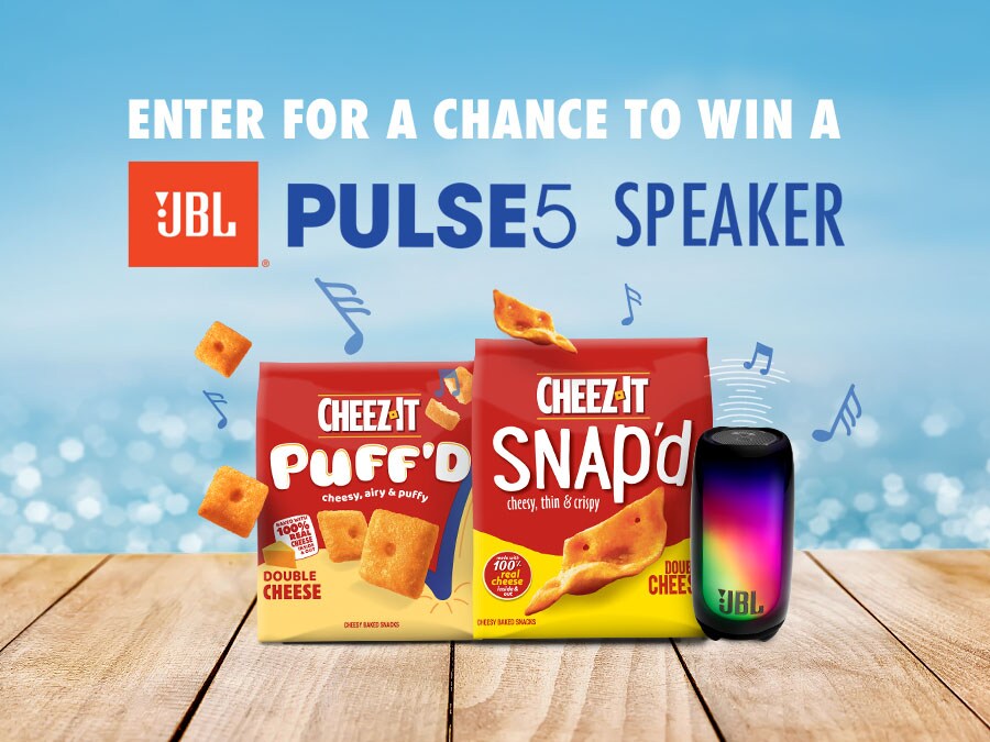 Enter for a chance to win a jbl pulse 5 speaker with image of bag of Cheezit puffd and bag of cheezit snapd and a jbl speaker with water in the background and musical notes.