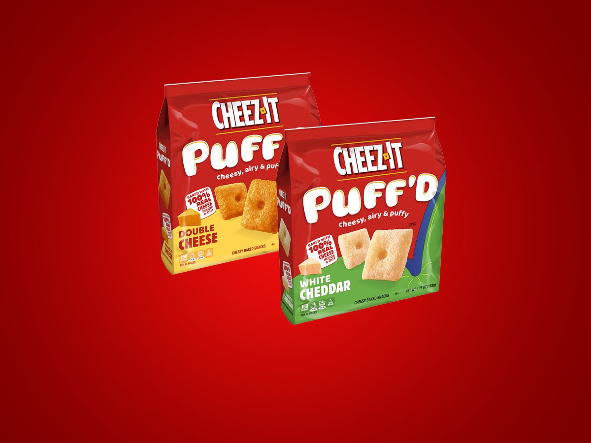 Two Cheez-It Puff'd Bags on a red background