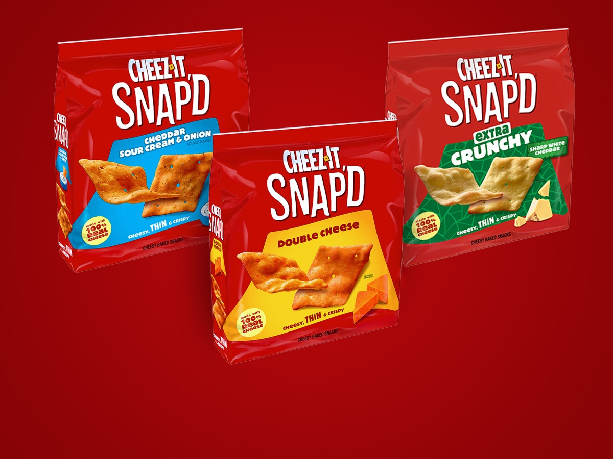 Two Cheez-It Snap'd Bags on a red background